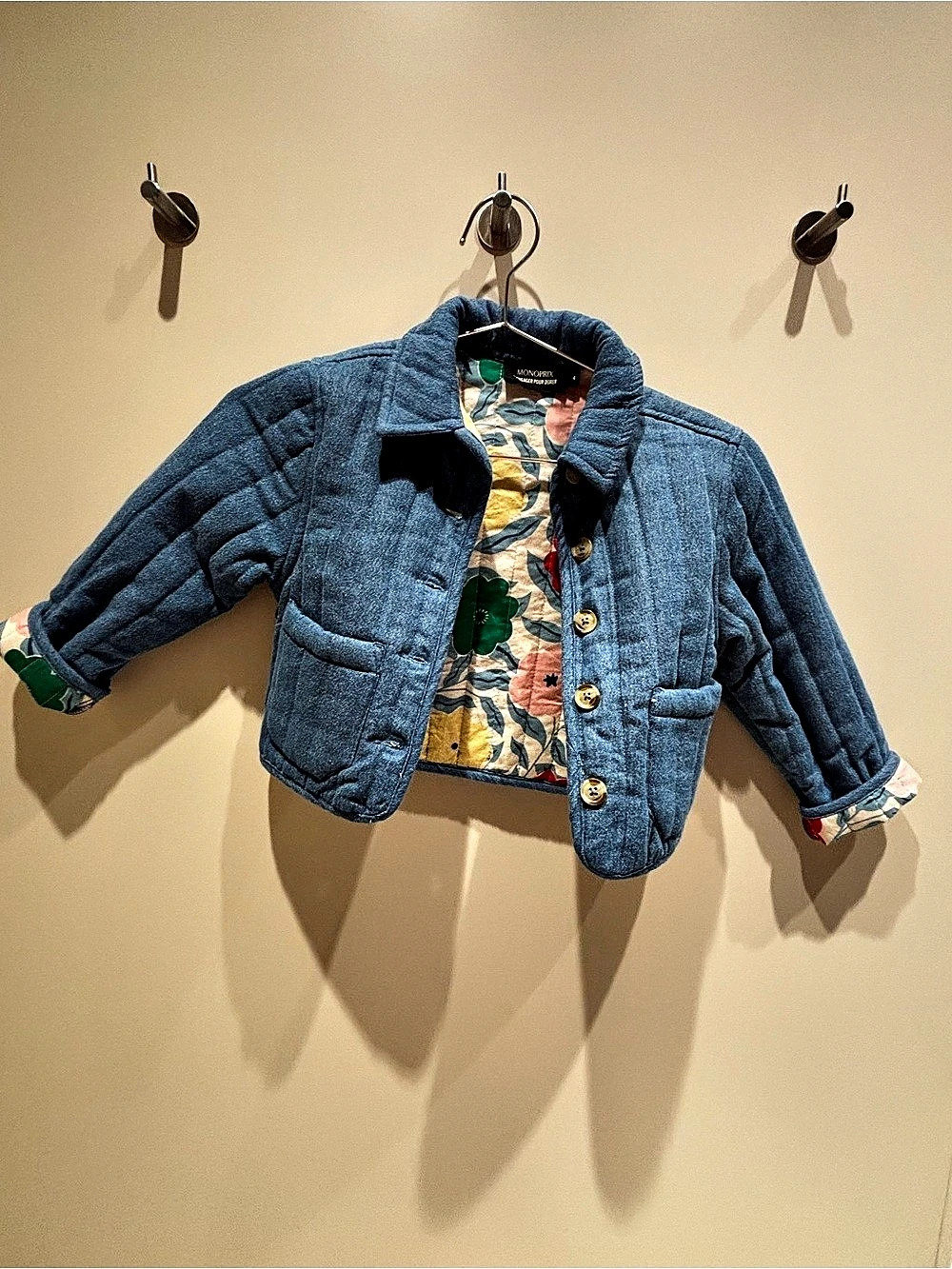 Monoprix Floral Quilted blue denim Jacket Girls Size 4 100% cotton- French brand